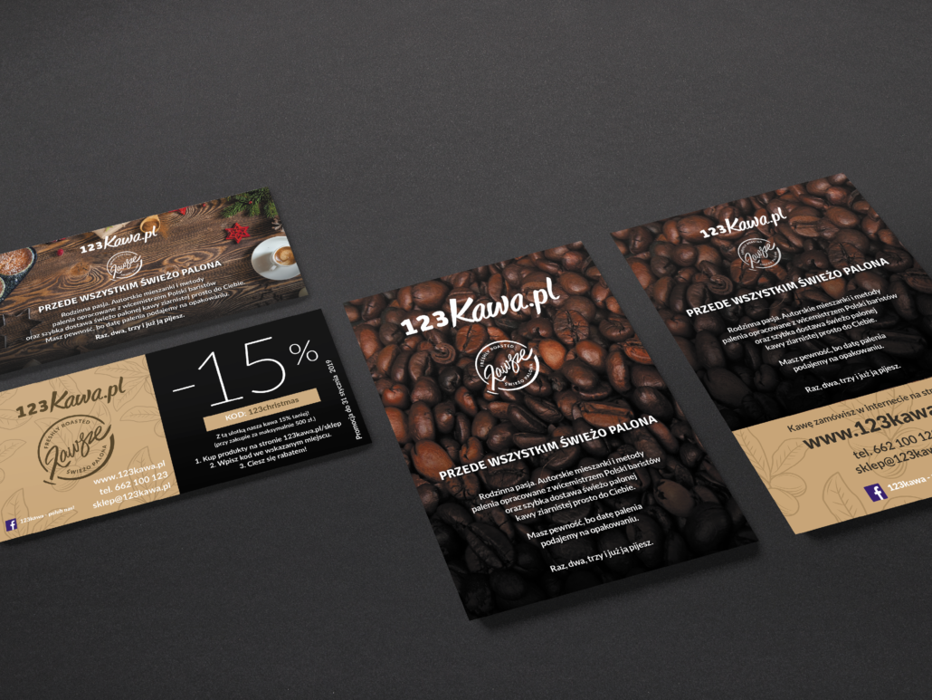 black and beige leaflets and discounts, with coffee beans in the background
