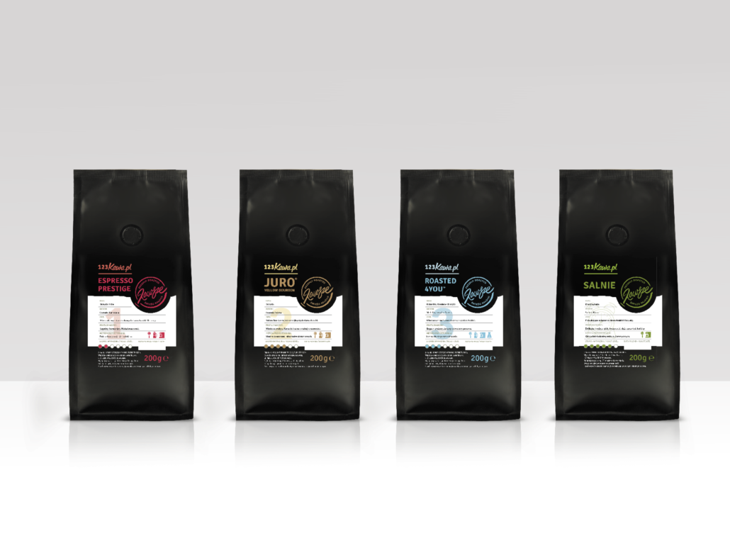 four black coffee packages with white labels and colored names