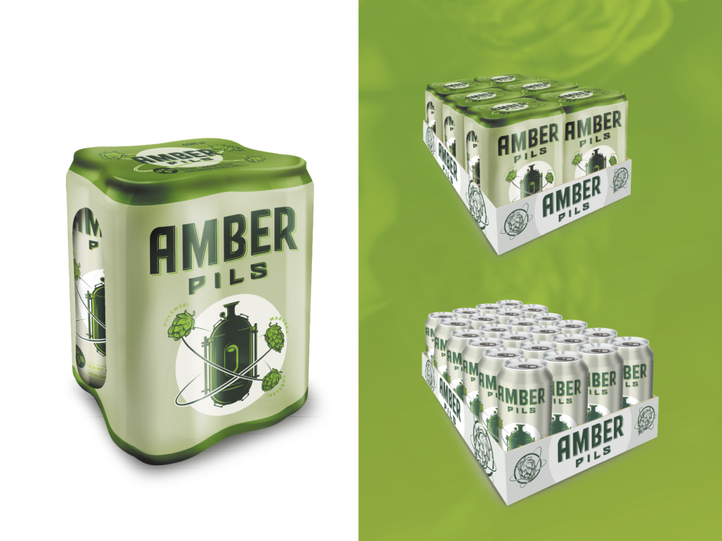 a four pack of Amber pils beer in a green package on a white background, and next to a cardboard box with silver cans on a green background