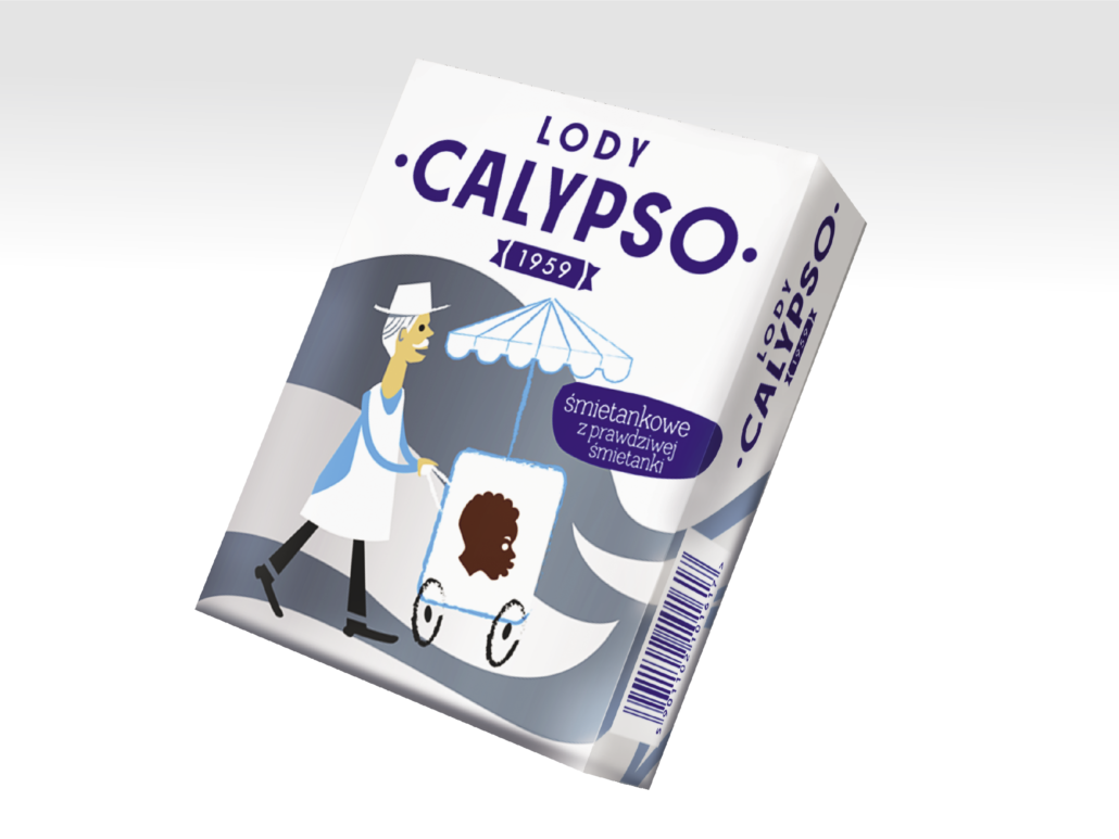 white and blue packaging of Calypso ice cream, a character pushing an ice cream cart