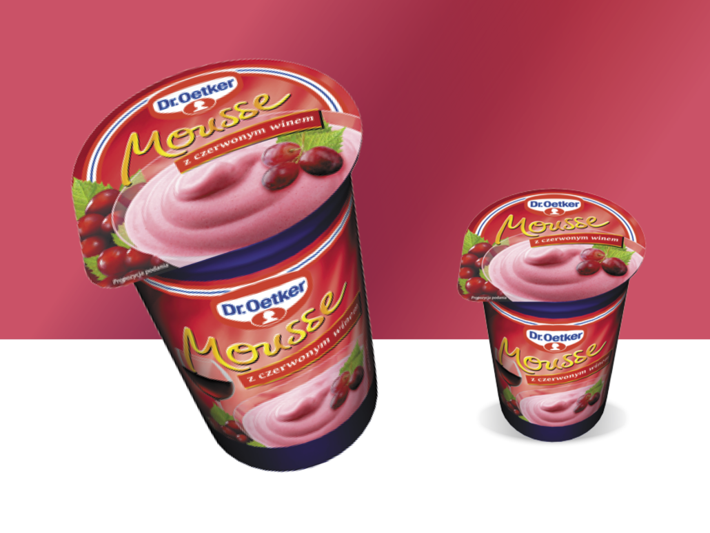 red mousse packaging with red wine, grapes label on the label, mousse spoon and red producer's logo