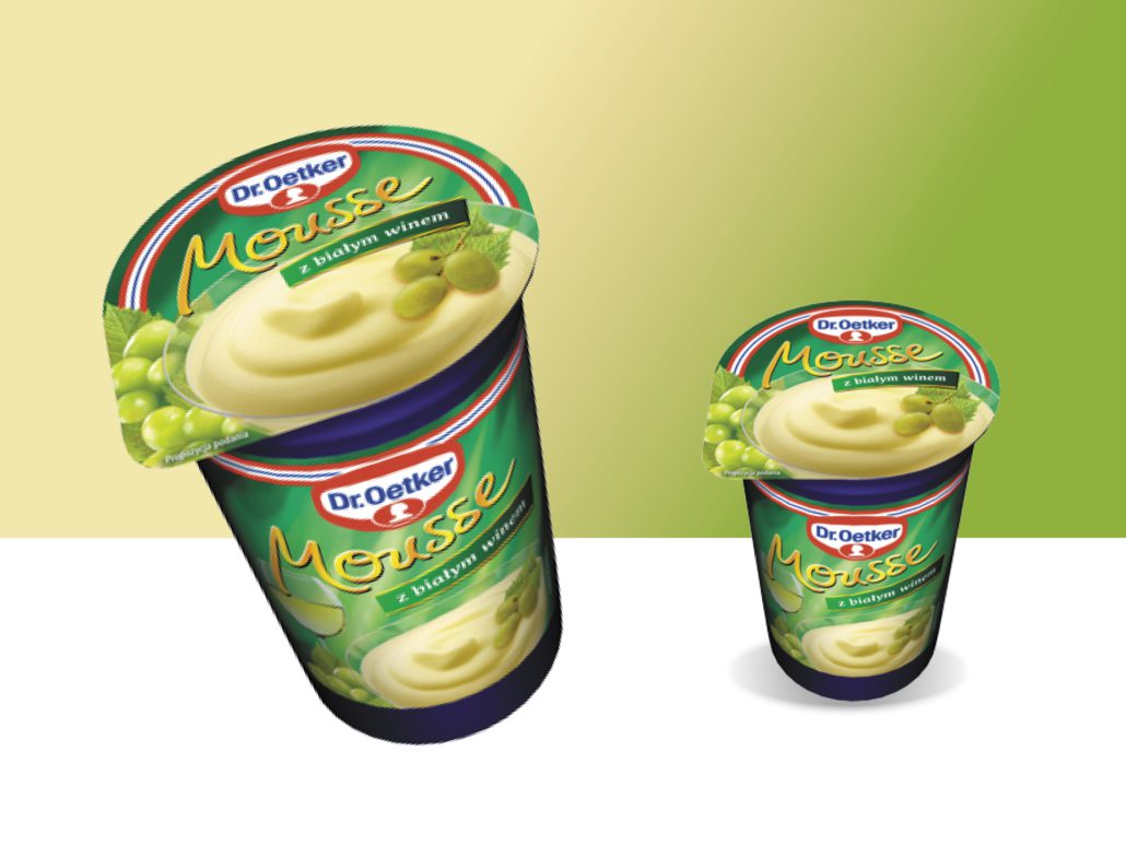 green mousse packaging with white wine, grapes label on the label, mousse spoon and red producer's logo