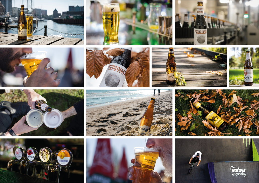 Collage with Amber Brewery beers: photos of bottles or glasses in different sceneries (beach, pub, leaves)