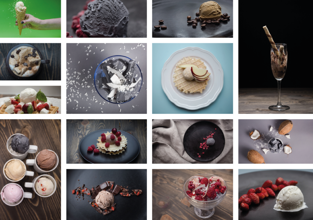 collage: photos of colorful ice cream with toppings (in wafers, glasses, slaters, on a plate, in a bowl, with fruit)
