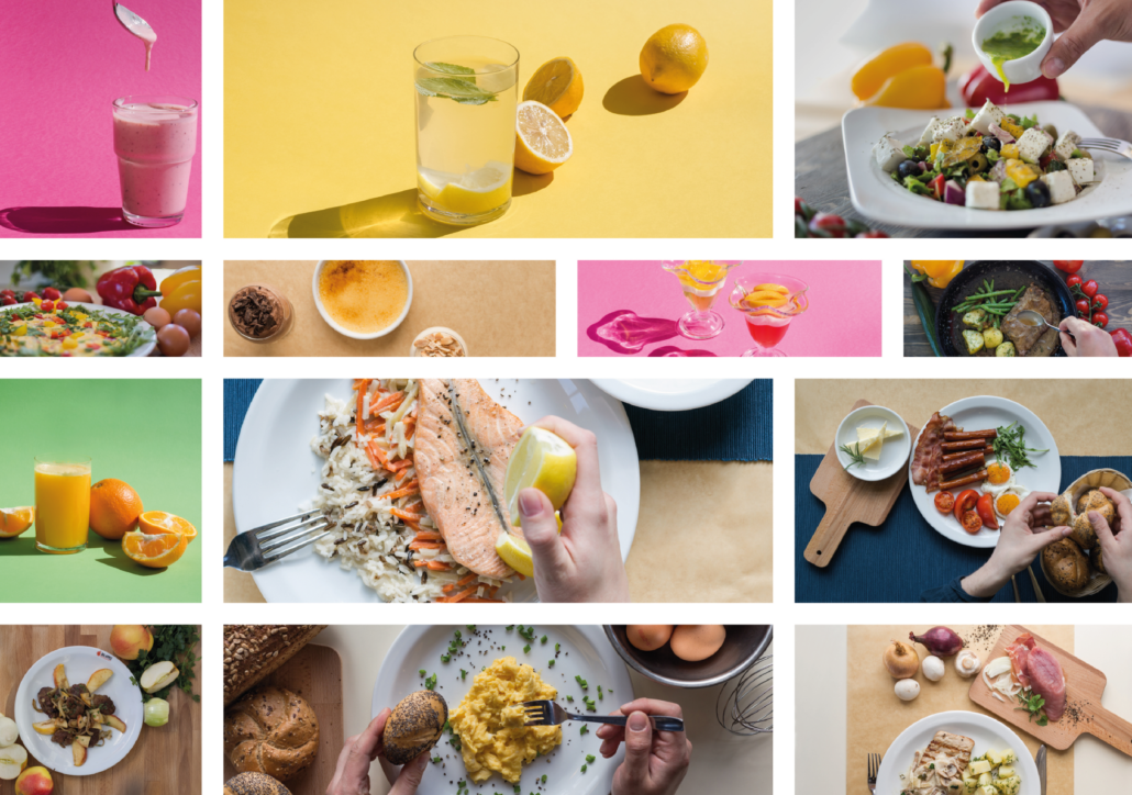 colorful collage with food: lemon, fish, scrambled eggs, salad with feta and others