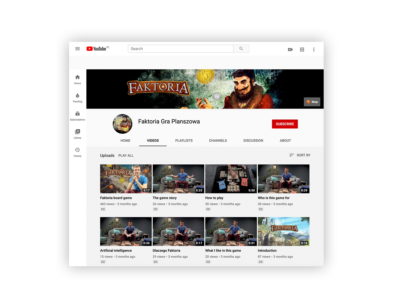 Faktoria - YouTube channel, thumbnails of the game videos and a large banner with a buyer and a coin